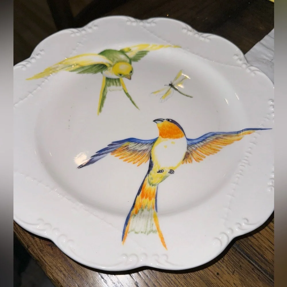 Decorative Scallop Plate with Birds and Dragonfly 10.5”